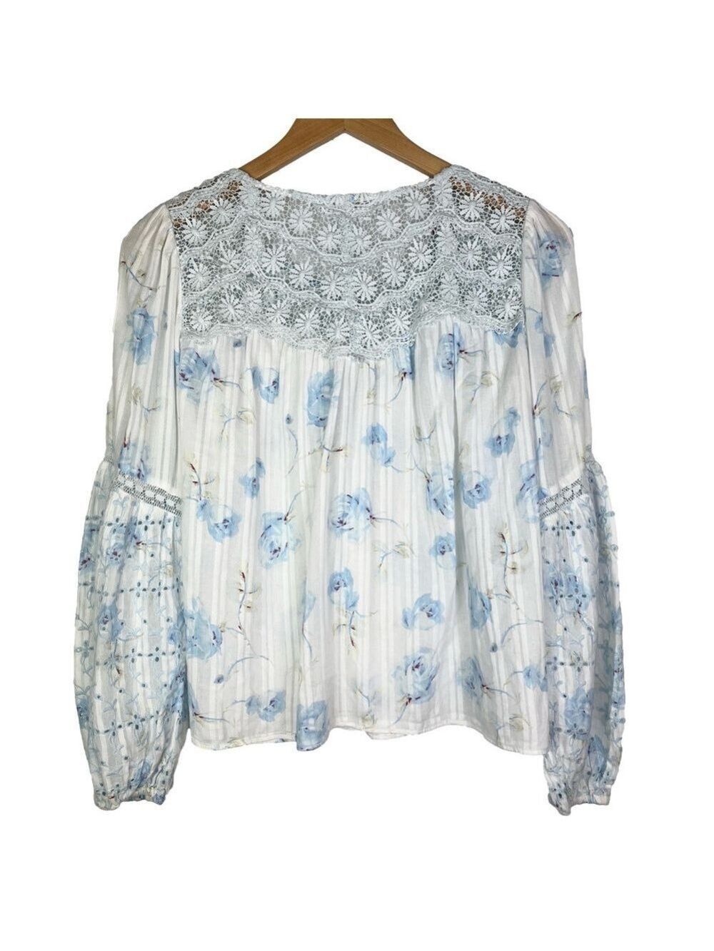 LoveShackFancy Belle Revival Blue Floral Puff Sleeve Cotton Blouse size medium - Picture 4 of 5